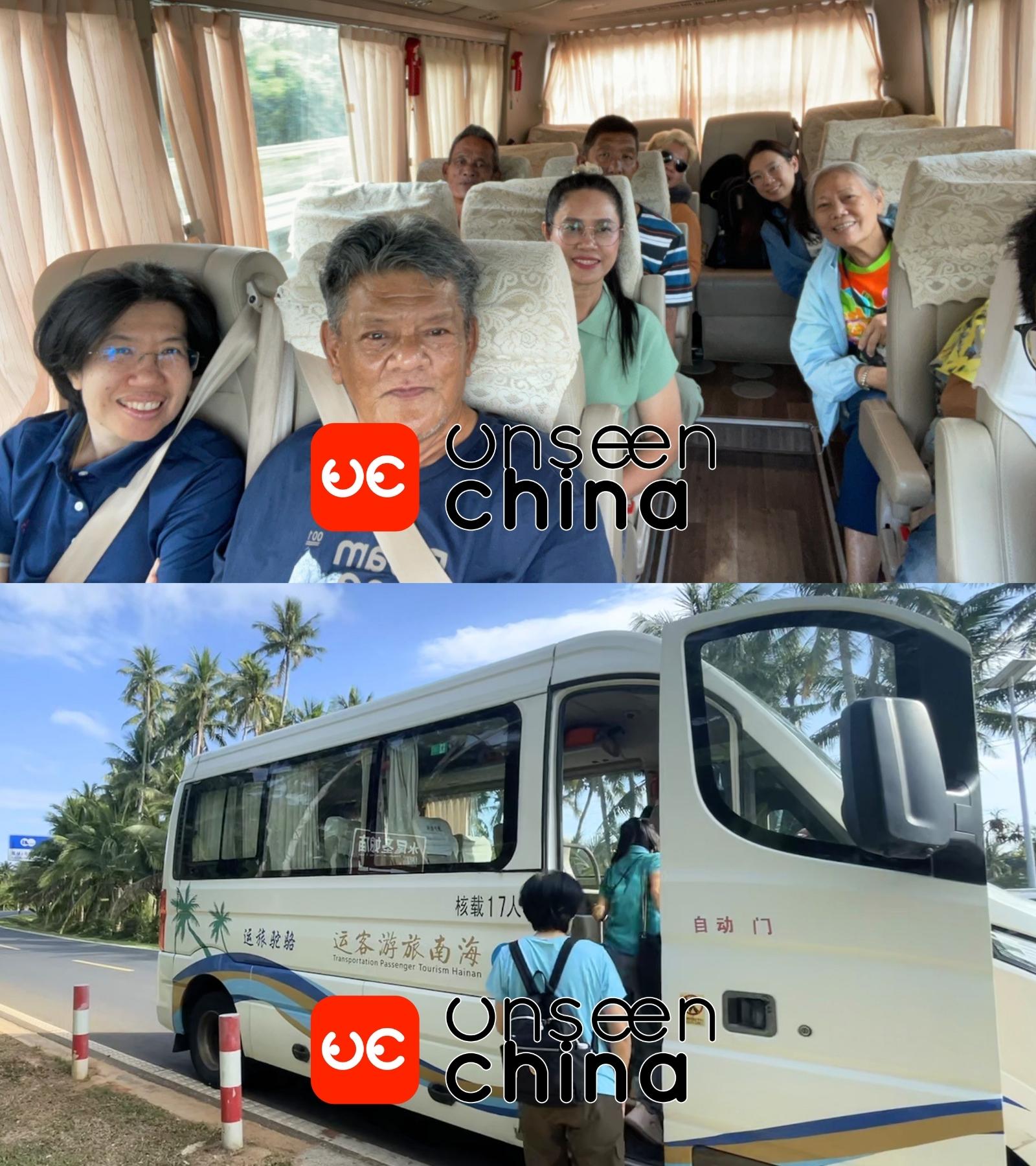 Customers on a minibus with a private driver at a coconut grove scenic area in Hainan.