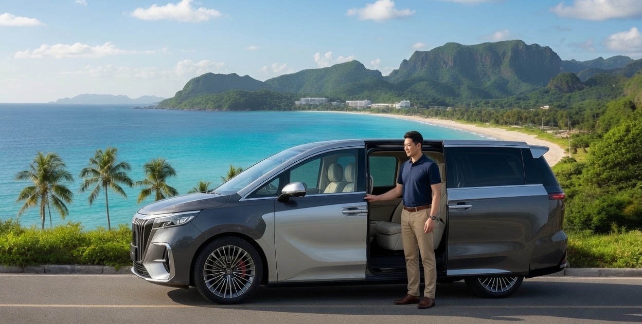 A male driver with his mpv parking near the bay in Hainan