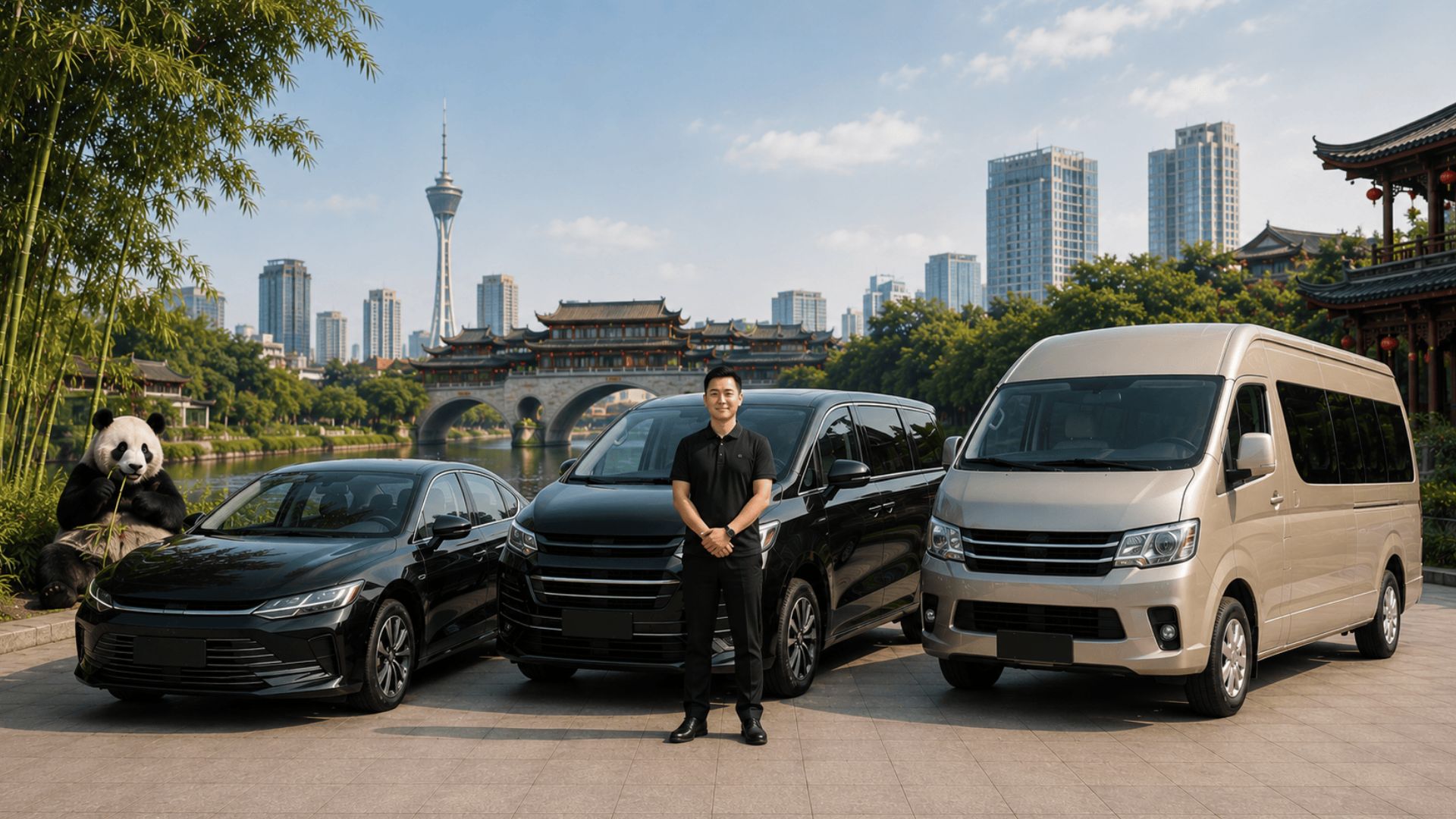 Private car with driver service in Chengdu featuring a 5-seat sedan, 7-seat MPV, minibus, professional driver, and a panda with the Chengdu skyline in the background.